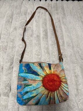 Colorful Daisy Canvas Crossbody Bag with Brown Strap - Multicolor